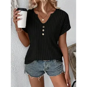 Vibrant Ribbed Crew Neck V-Neck Short Sleeve Elegant T-Shirt - Soft Mid-Elasticity Polyester Fabric, Regular Fit, Machine Washable, Perfect for Spring & Summer - Womens Solid Color Knit Pullover Clothing Womenswear Knitwear