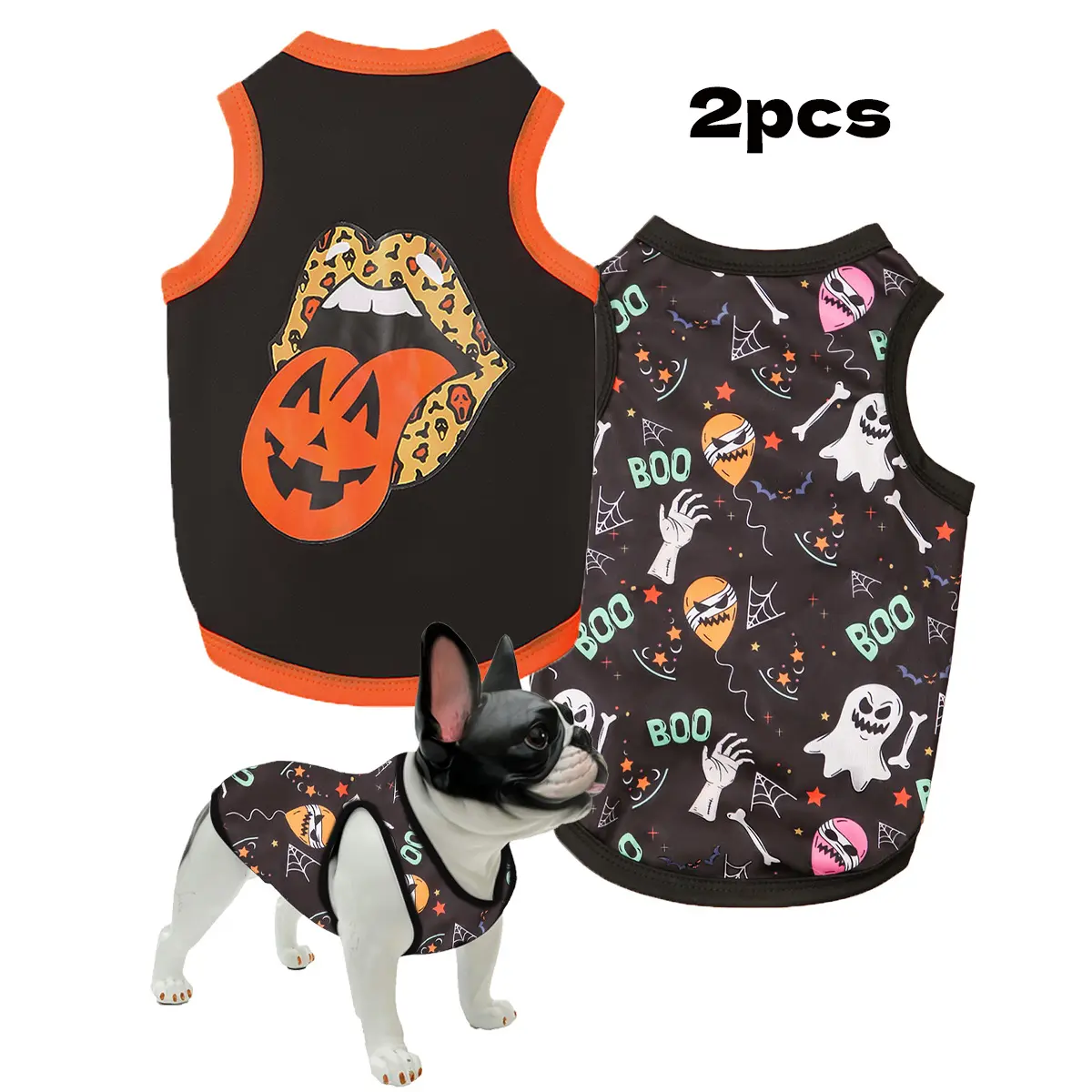 Halloween Pumpkin Print Dog Vest 2 Pack for Small Dogs, Rock Style Pet Costume Set, Cute Breathable Tank Top Outfit for Teddy Corgi Fall Festival