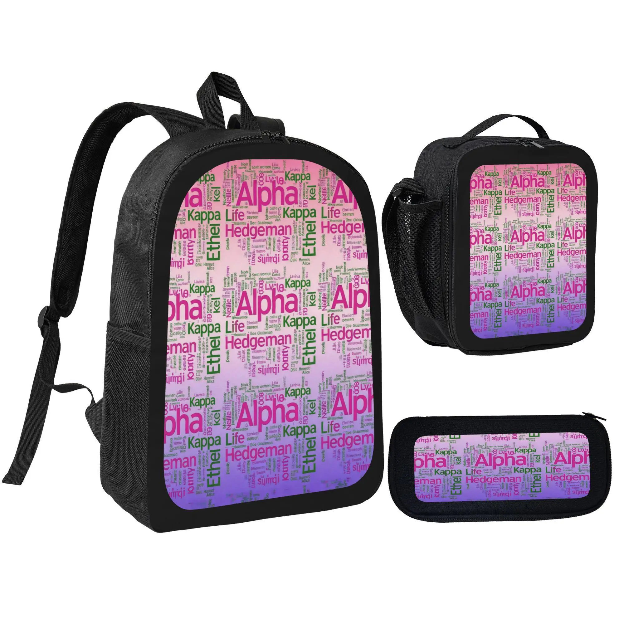 [3Pcs Polyester Backpack Set] Alpha Kappa Life Hedgeman Word Cloud Pattern School Bag With Lunch Bag, Pencil Pouch For College Students, Sorority Members Daily Use