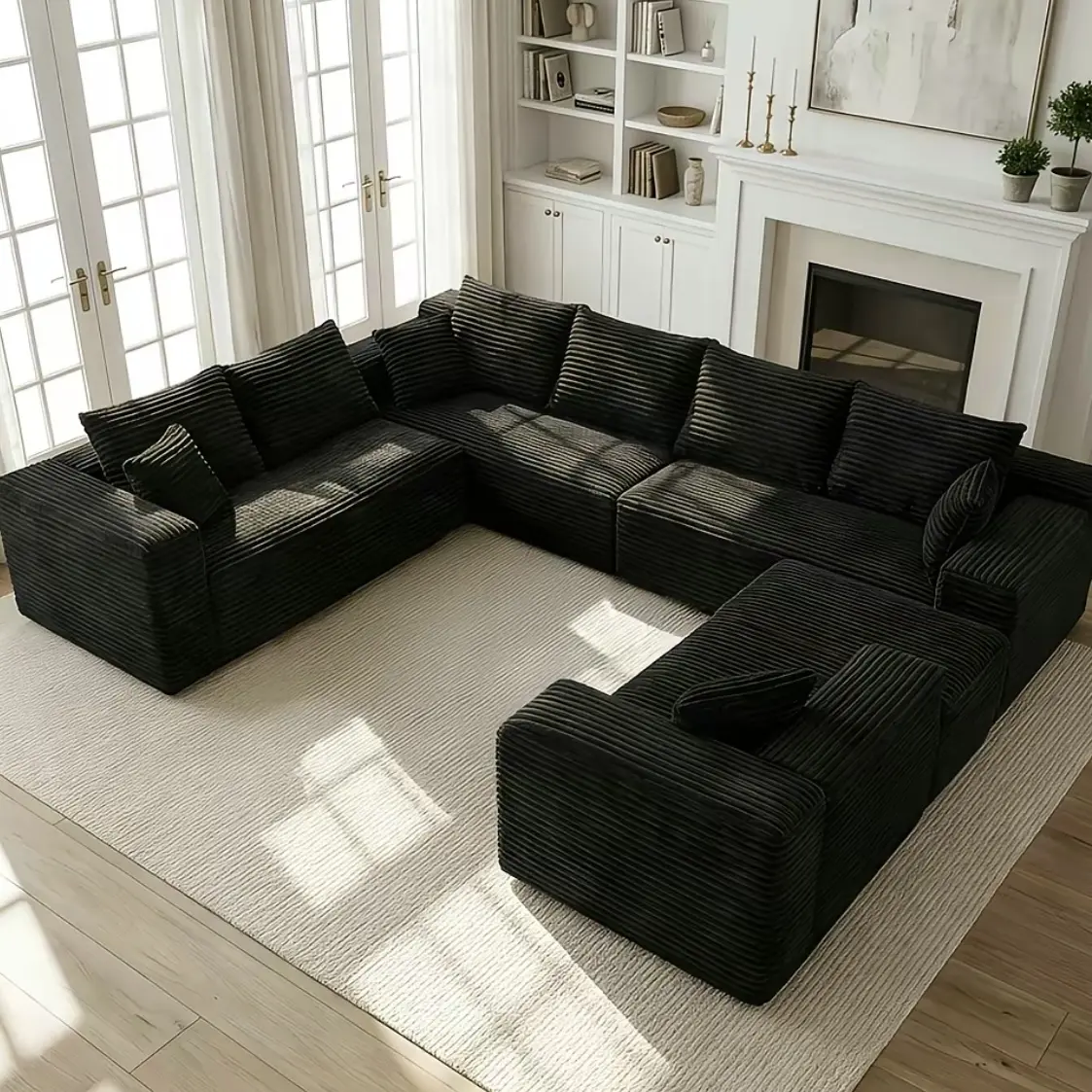 NordFun Vacuum Compressed Black Corduroy U Shape Modular Sectional Sofa, No Assembly Cloud Couch With Chaise, Pet-Friendly Striped Fabric Fluffy Sofa For Living Room Apartment Modern Home Decor