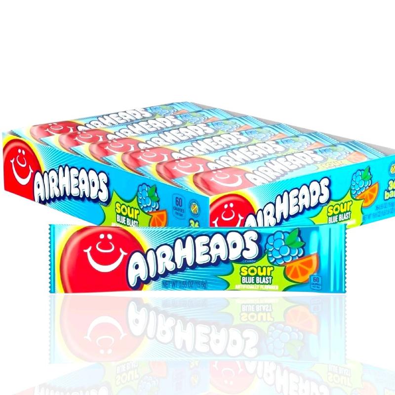 Airheads Candy, Blue Raspberry Flavor, Individually Wrapped Full Size Bars, Taffy, Non Melting, Party, Pack of 36 Bars Snack Sweet