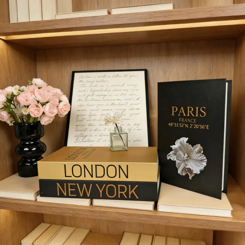 3pcs Luxury Fake Book Decorations, Gold Foil Paper Texture, Stackable Faux Books, Fashion Home Decoration, Holiday Ornaments, Home Office Decor, Home Decor Products, Decoration Items