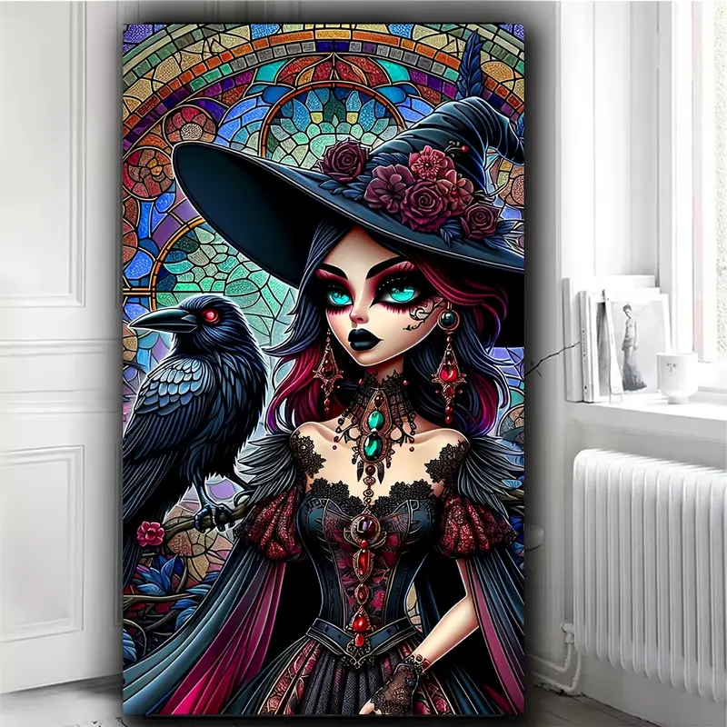 Gothic Witch Diamond Art Kits for Adults,Crow DIY Diamond Painting Kits for Beginner,Full Round Drill Gem Art Kit, Halloween Diamond Mosaic kits,Diamond Dots,Diy Handicrafts,Crafts Kits for Home Wall Decor ,Large size 40x70cm(15.74x27.55inch)