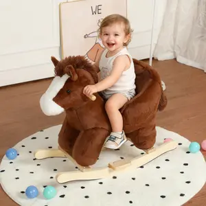 Kids Ride-On Rocking Horse Toy with horse sounds, Horse Rocking Toy with Hand Puppets and Safety Belt For Children 1-3 Years,Soft Plush Fabric,Brown,CPC Certified