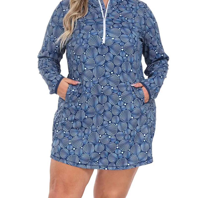 HDE Women's Plus Size Long Sleeve Hooded Swimsuit Cover Up Dress - Plussize, UPF 50 Protection, Breathable Quick Dry Fabric for Coastal Outdoor Wear