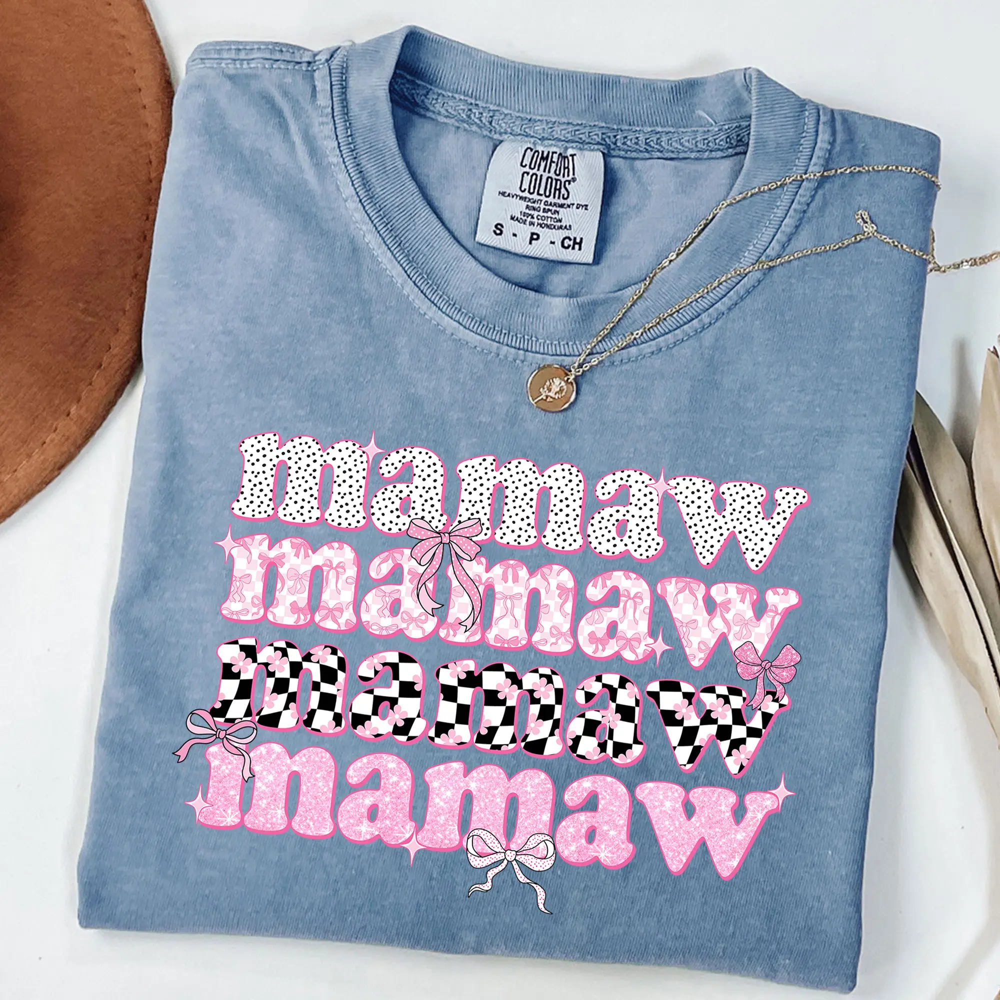 Comfort Colors Pink Mamaw Coquette T-Shirt, Checkered Mamaw Shirt, Floral Mamaw Tee, Mother's Day Gift, Unisex T-Shirt