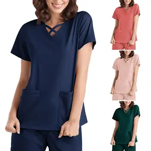 Women's V-Neck Polyester-Spandex Elastic Quick-Dry Medical Uniforms - Casual, Minimalist, Basic Lady Thin Surgical Gowns for Dental Professionals & Operating Rooms, Foreign Trade Workwear