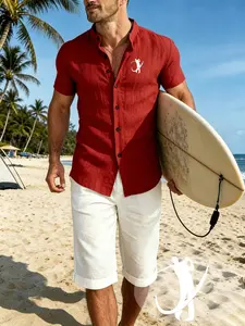 Men's casual stand up collar wrinkled shirt, golfer silhouette print, lightweight and breathable fabric, suitable for beach vacations, daily leisure, urban streets and summer activities, adult men's style