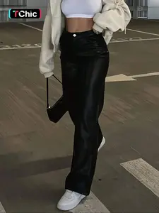 Women's High Waist Shiny PU Leather Wide Leg Pants, Party Fashion, Commuting, Music Festivals, Vacation, Casual Straight-Leg Jeans