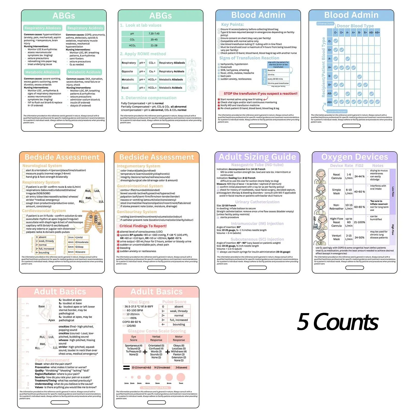 Nurse Badge Card, 5 Counts Double Sided Nurse Badge Cards, Pocket Size Durable PP Nursing Reference Cards, Badge Buddy Nursing, Nursing School Essentials