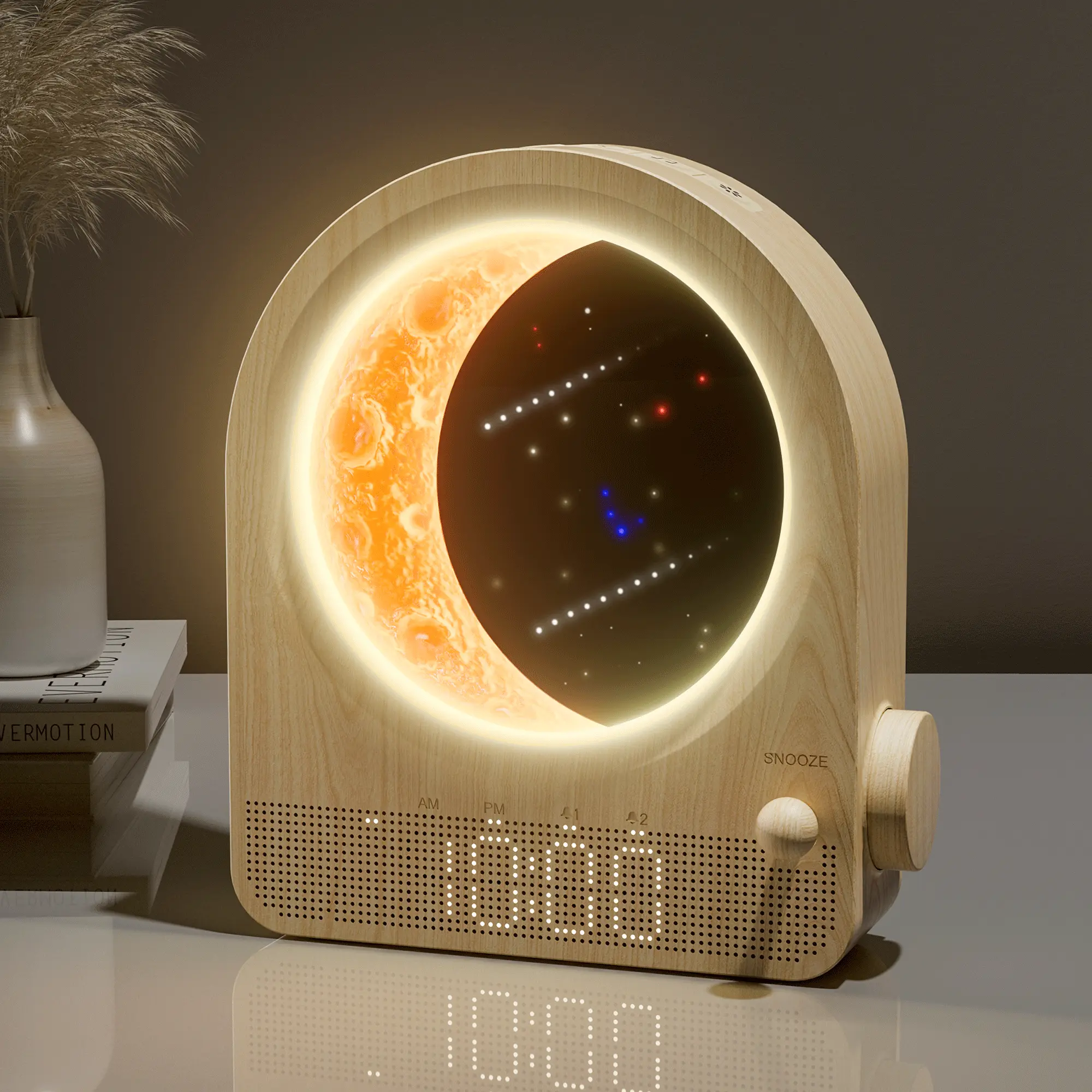 Blonbar Retro Dimmable Light Table Clock for Living Room, Moon & Starry Sky Backdrop, White Noise Machine with 10 Soothing Sounds, 3-Level Touch Dimming, Ideal Gift for Home Decor, Clocks For Living Room