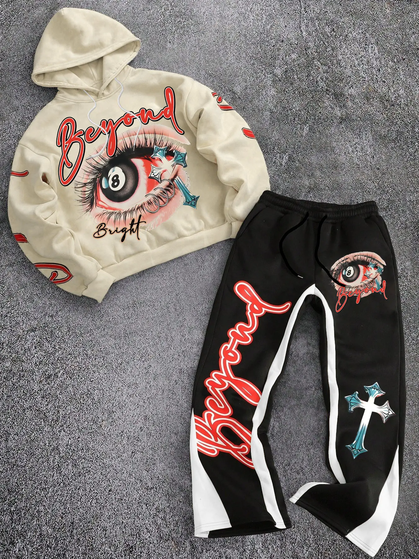 Men's Street Style Hoodie Set, Cross Print Colorblock Pants, Casual Fitted Sweatshirt, Long Sleeve, Fall & Winter Fashion, Streetwear