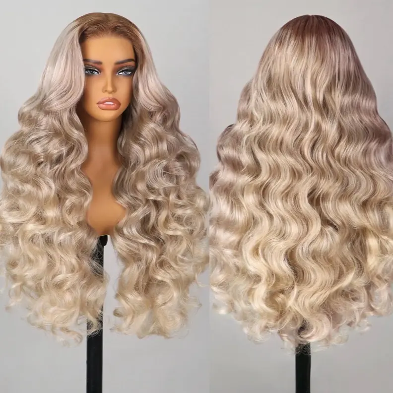 TESLAL Ash Blonde Wig Human Hair Blend Wear and Go Glueless Wigs Pre Plucked Pre Cut Lace 6X6 Body Wave Wig Ombre Blonde Hair Synthetic Wig 26Inch 260% Density