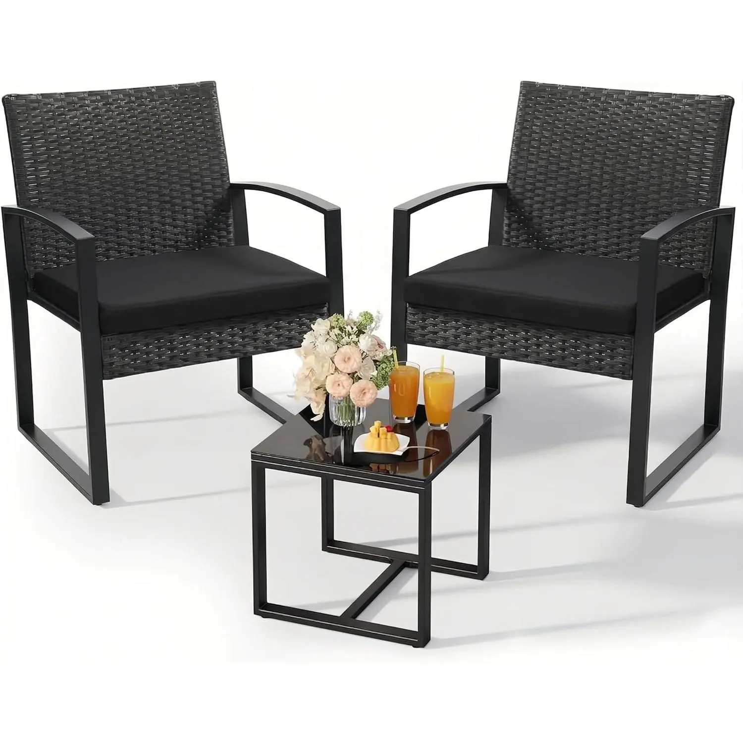 Minimalist 3-Piece Patio Bistro Set - Patio Furniture Sets, Outdoor Rattan Conversation Chairs, Glass Coffee Table, Unisex Relaxation Cushions - Ideal for Balcony, Garden, Black/Black, Outdoor Furniture Set