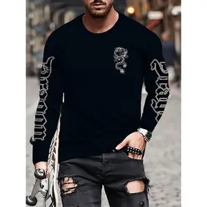 Men's Fashion Dragon Pattern Long Sleeve T-Shirt - Comfortable Polyester Blend, Regular Fit, Machine Washable, Spring and Autumn Casual Wear