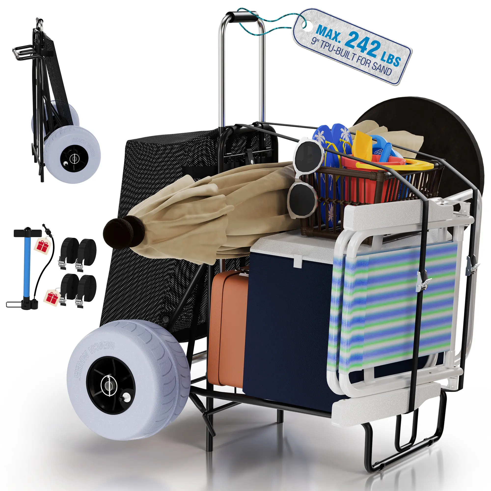 Beach Cart for Sand - Foldable Wagon Dolly Buggy with Big Large Balloon Wheels, 200 LBS Capacity, 9" Rolling Tires, Collapsible Storage Bag for Outdoor Camping Shopping Fishing Gray