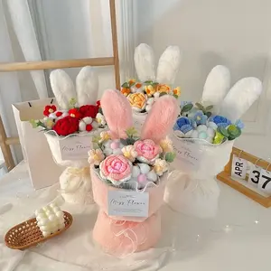 [Gift Bag + Card + LED Light] Handmade Bunny Ear Rose Bouquet – Cute Crochet Flower Gift for Girlfriend, Best Friend, Birthday & Special Occasion
