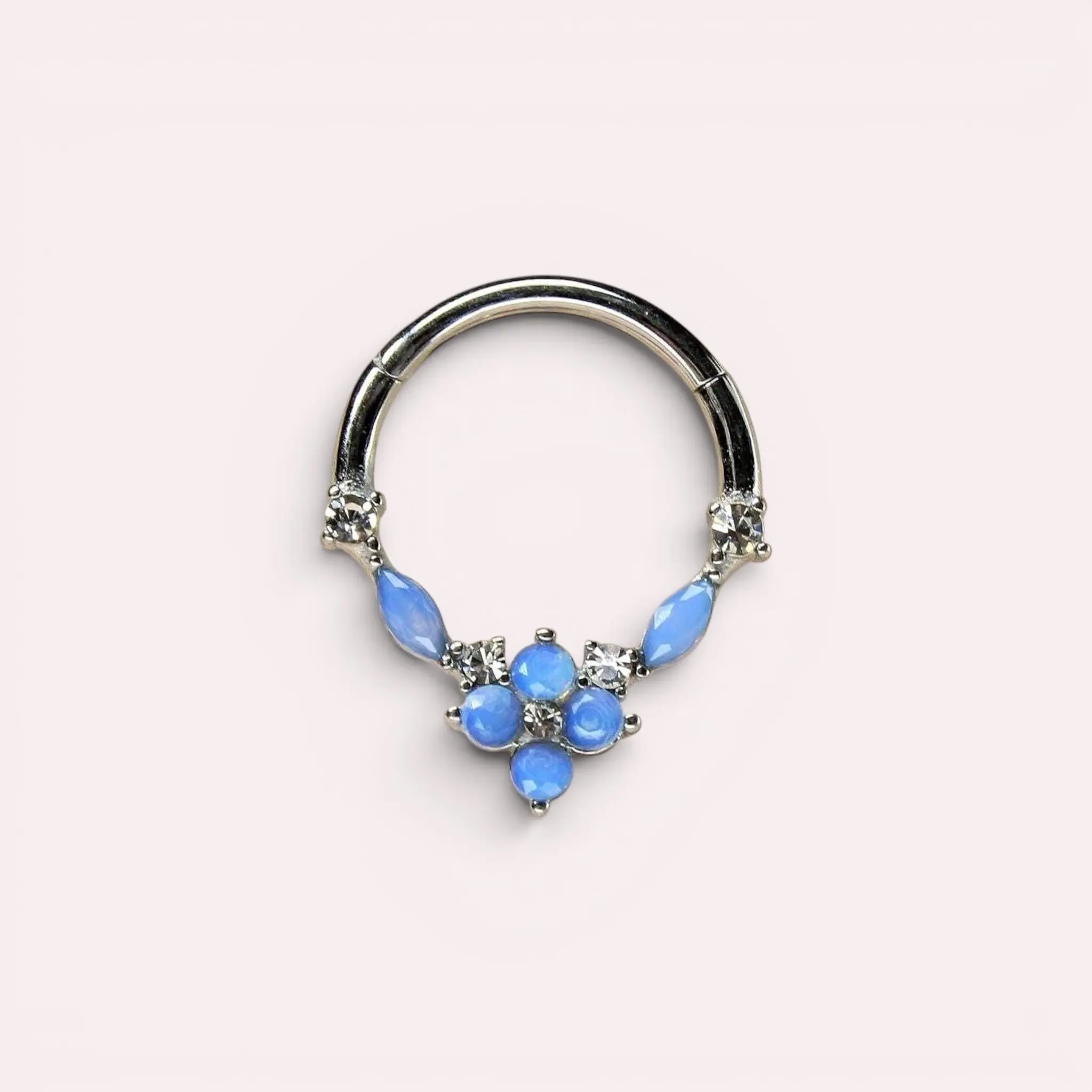 Female 16G 10mm Elegant Minimalist Blue Opal Floral Septum Clicker Ring, Hinged Septum Piercing Body Jewelry, 14G, Easy To Wear, Casual, Surgical Steel, Geometric