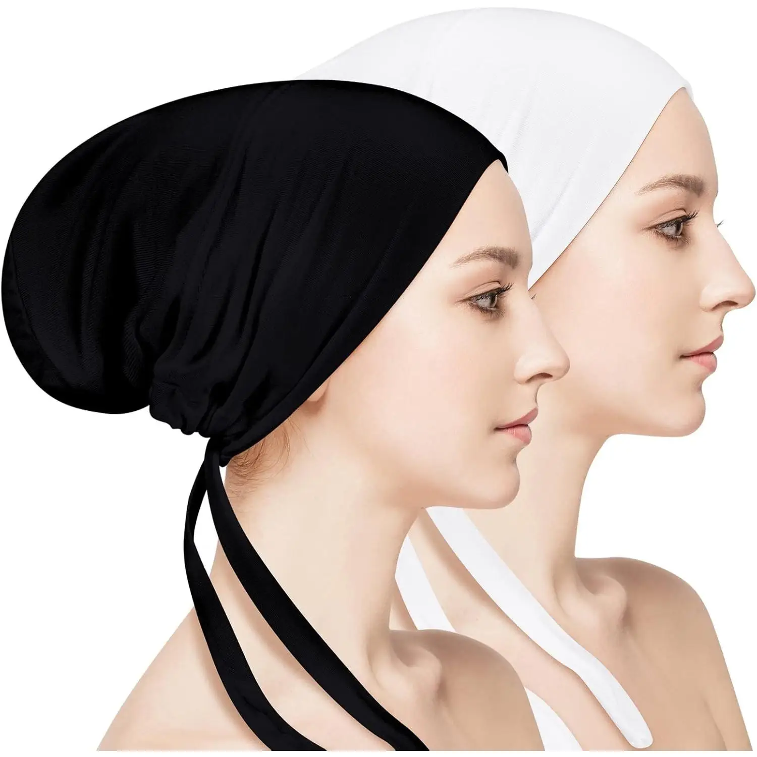 2 count Women Under Scarf Hat Hijab Cap Islamic Hijab Undercap Bonnet Cap Muslim Inner Beanies Hat Underscarf Turban Caps with Ties