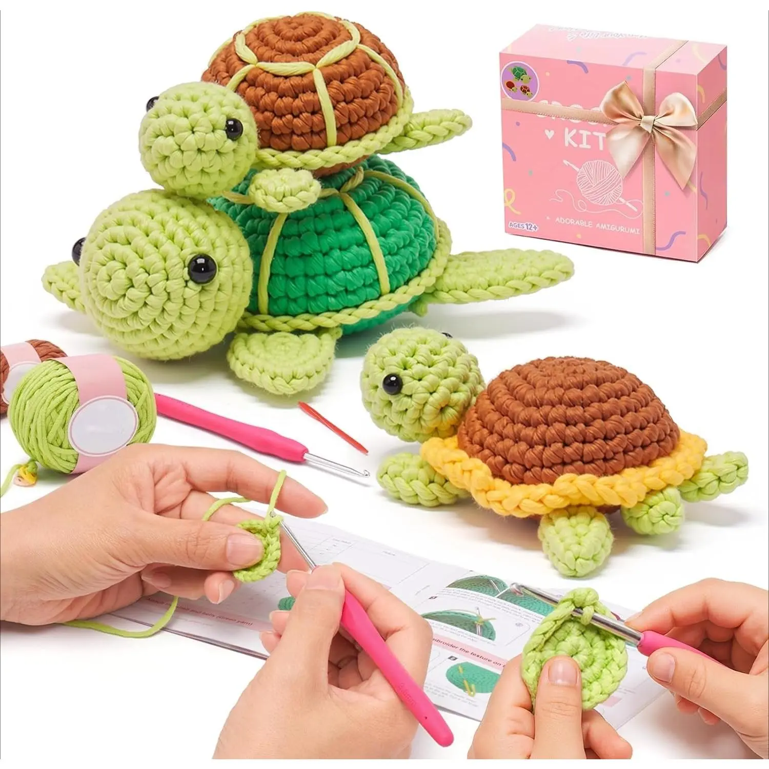 P-ITC089   Beginner Crochet Kit with 40% Extra Yarn, Pre-Started Yarn & Video Tutorials - 3 Sea Turtles Craft Set for Adults & Kids