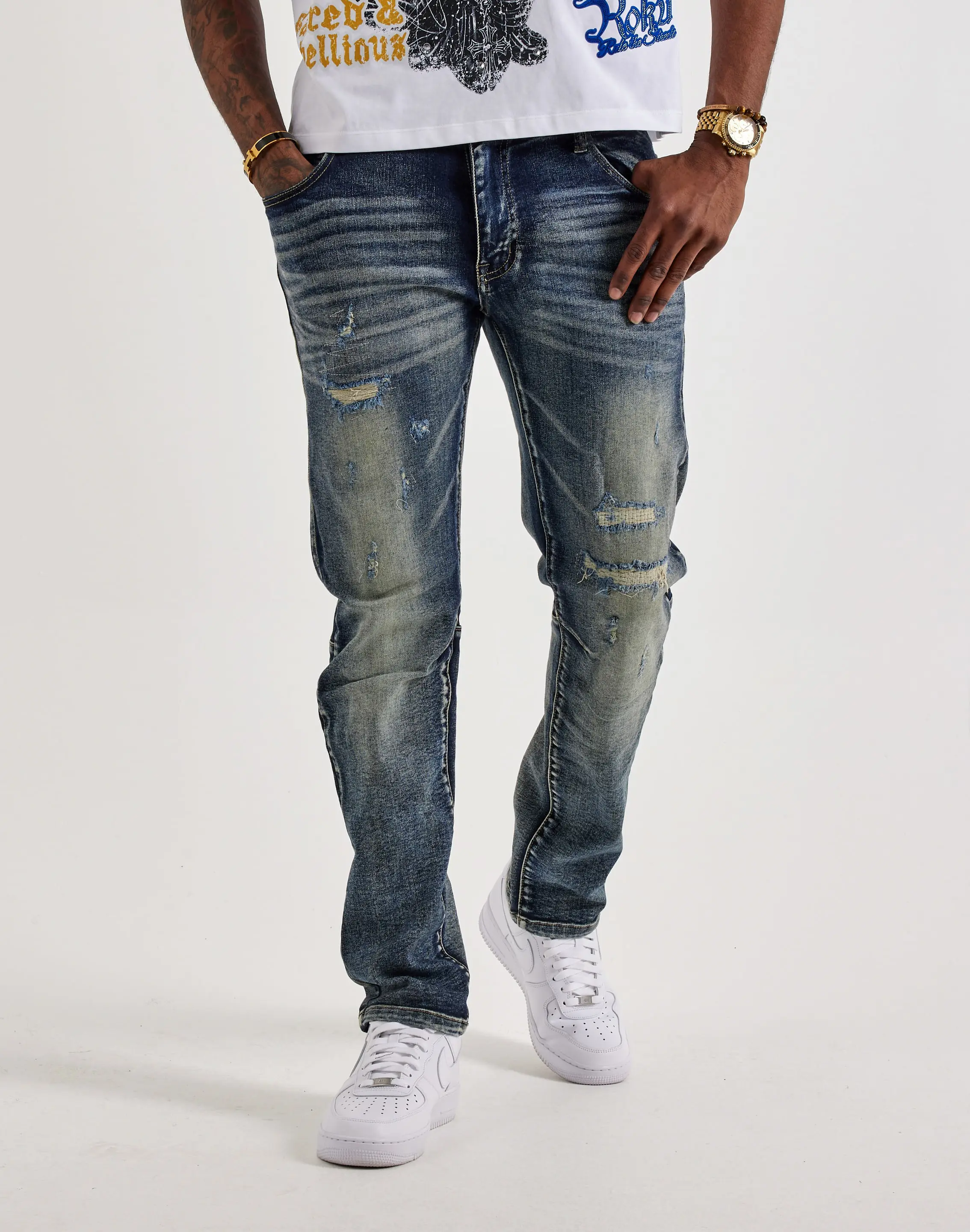 Mens Smoke Rise Slim Distressed Denim Jeans