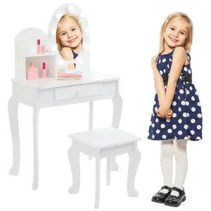 Vanity Set with Lighted Mirror and Stool, Wooden Makeup Table for Girls