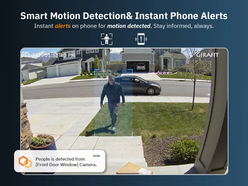 Product Introduction of Girafit 2K Second Floor Window Camera, ChroMax AI Color Night Vision, 2.4GHz & 5GHz Wi-Fi Indoor Security Cameras, Person & Motion Detection, 24/7 Recording, Easy & Quick Install, MicroSD Card Local Monitoring 5