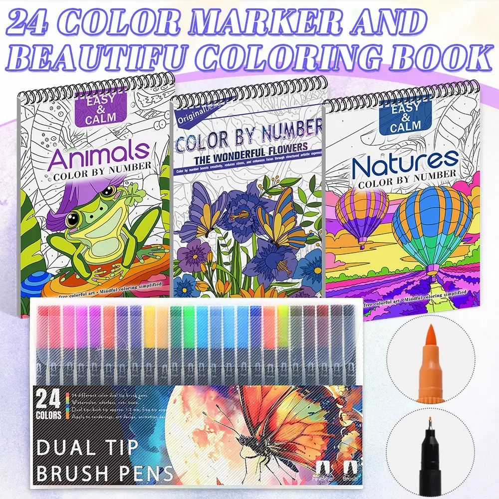 3pcs Digital Coloring Books with 24 Colors Markers, Art Markers Set, Art Supplies Kit – Vivid Animal, Floral & Nature Themes, Beginner-Friendly, Thick Paper, A4 Spiral Bound, Intricate Patterns for Adults & Enthusiasts, Perfect Gift