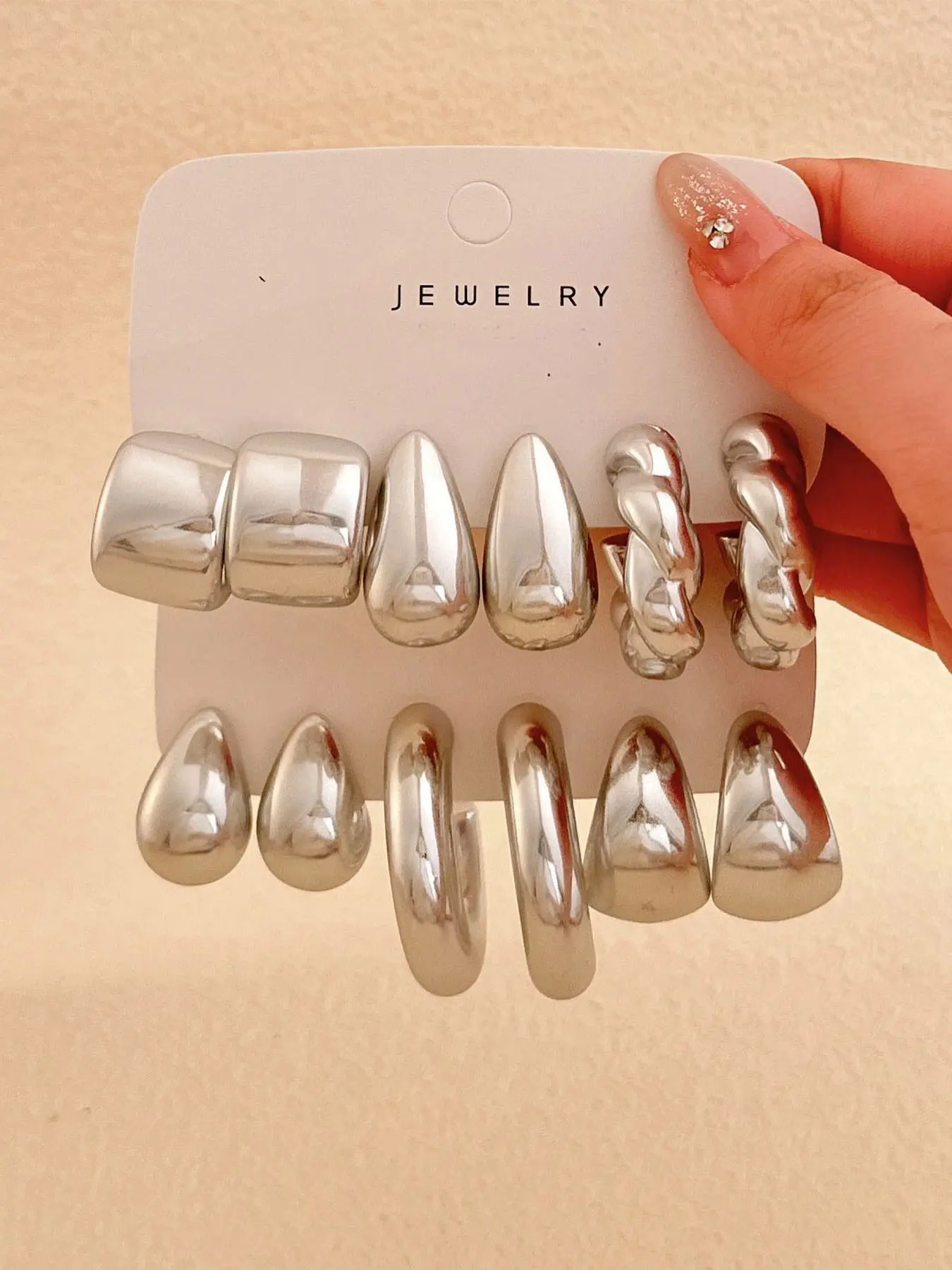 Elegant Silver Color Plastic Earrings Set, 6-12 Pieces, Electroplated Sand Silver Craftsmanship, Fashionable Women's Jewelry Accessories
