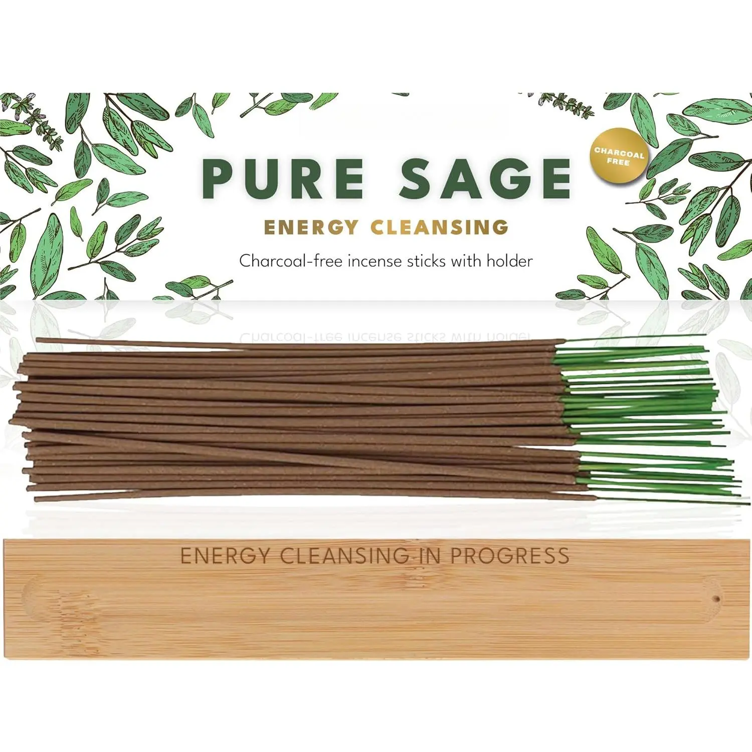 Premium Sage Incense Sticks with Energy Cleansing Engraved Wood Holder - Charcoal Free, Clean, Non Toxic - Negative Energy Protection, Purification - New Home Spiritual Smudging Incenses, 30 Sticks
