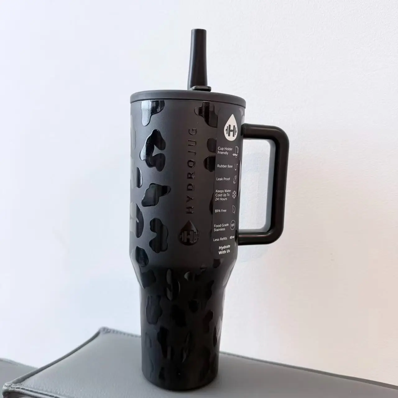HydroJug 40oz Black Leopard Print Handle Tumbler - Stylish Edgy Baddie Style, Leakproof Insulated Vacuum Daily Carry Drinkware for Car & Commute Use, Daily Carry Tumbler
