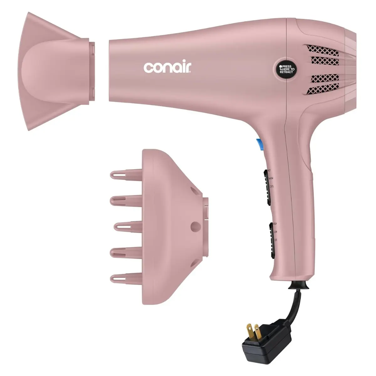 Conair Ionic-Tourmaline Hair Dryer for Home Use, 1875W, Retractable Cord, 3 Heat Settings, 2 Speeds, Includes Diffuser & Concentrator Attachments, Matte Blush Pink, Diffuser Hair Dryer, Ion Technology Hair Dryers