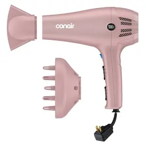 Conair Ionic + Tourmaline Hair Dryer, 1875W, Retractable Cord, 3 Heat Settings, 2 Speeds, Includes Diffuser & Concentrator Attachments, Matte Blush Pink