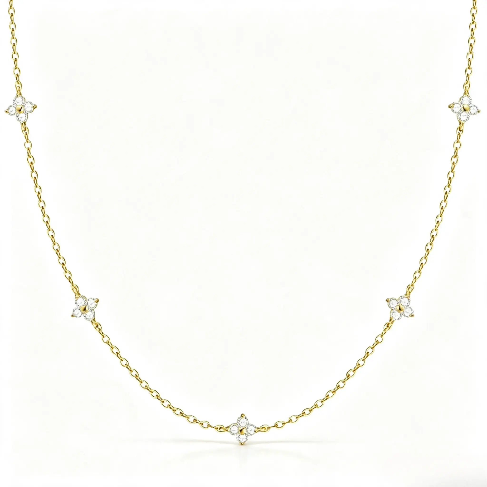 14K Gold Plated Dainty 4-Leaf Clover Simulated Diamond Collarbone Station Necklace - Trendy Layering Choker, Fashion Jewelry Gift for Women, Teen Girls for Birthday, Valentine's Day, Mother’s Day