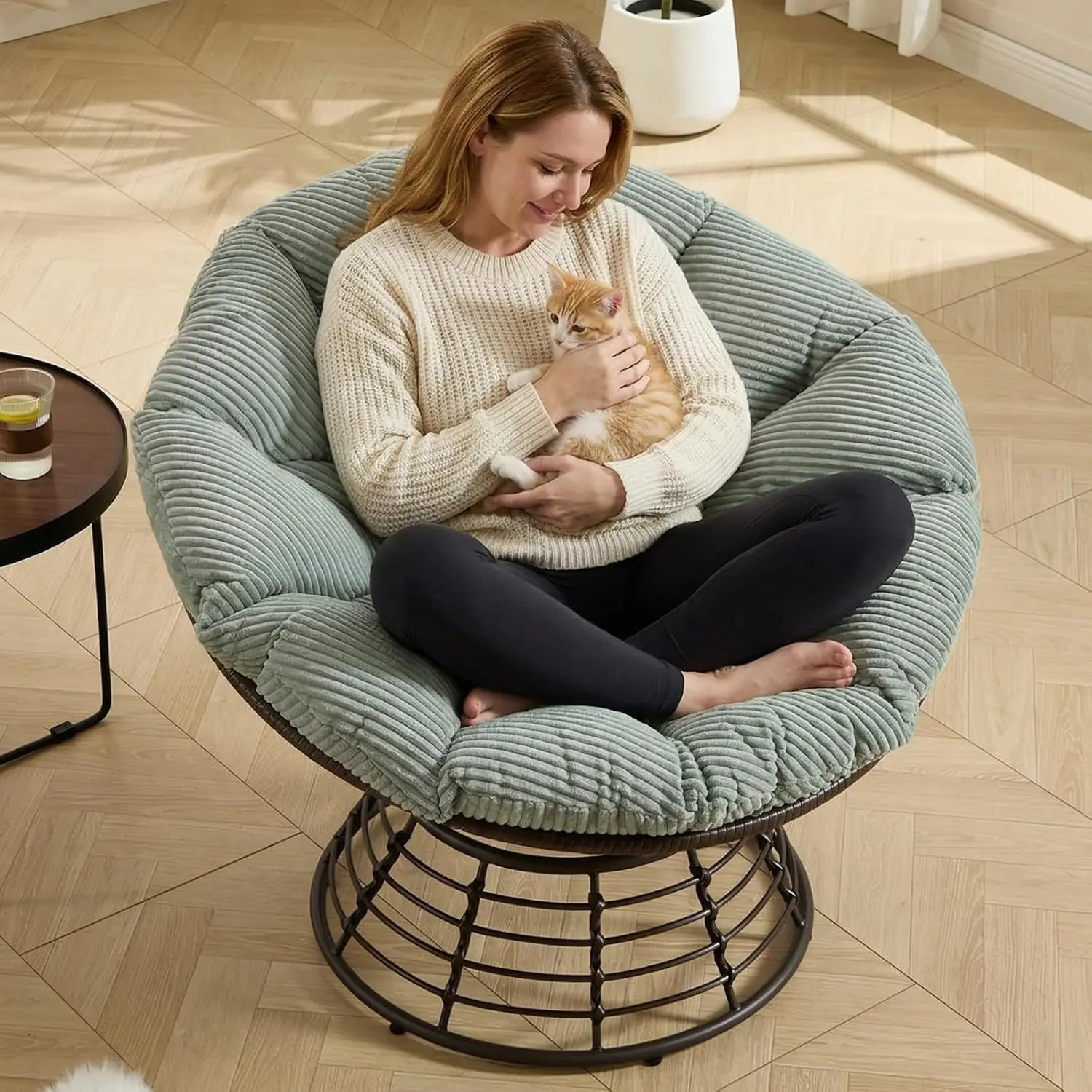 36 Inch Oversized Wicker Papasan Chair, 360‑Degree Swivel Lounge Chair with Olefin Cushion & Metal Frame, Adjustable Feet, Indoor Outdoor for Patio Living Room Bedroom, Light Green