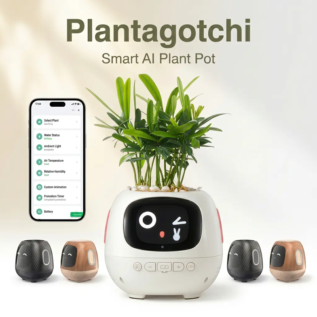Smart Pot Plant - AI Sentient Interactive Planter with Temperature, Humidity & Light Monitoring, Robot Flower Pot for Indoor Plants, Self-Watering, Timer & Music Play