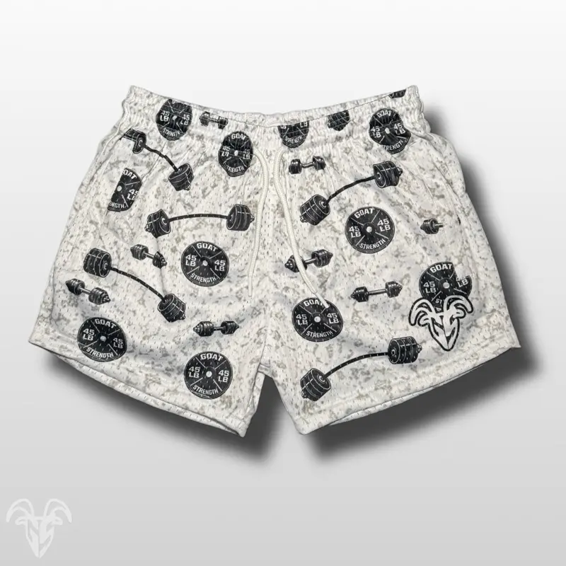 Goat Strength 5” Inseam Mesh Shorts – Plate & Barbell Pattern – Unisex Athletic Workout Shorts
