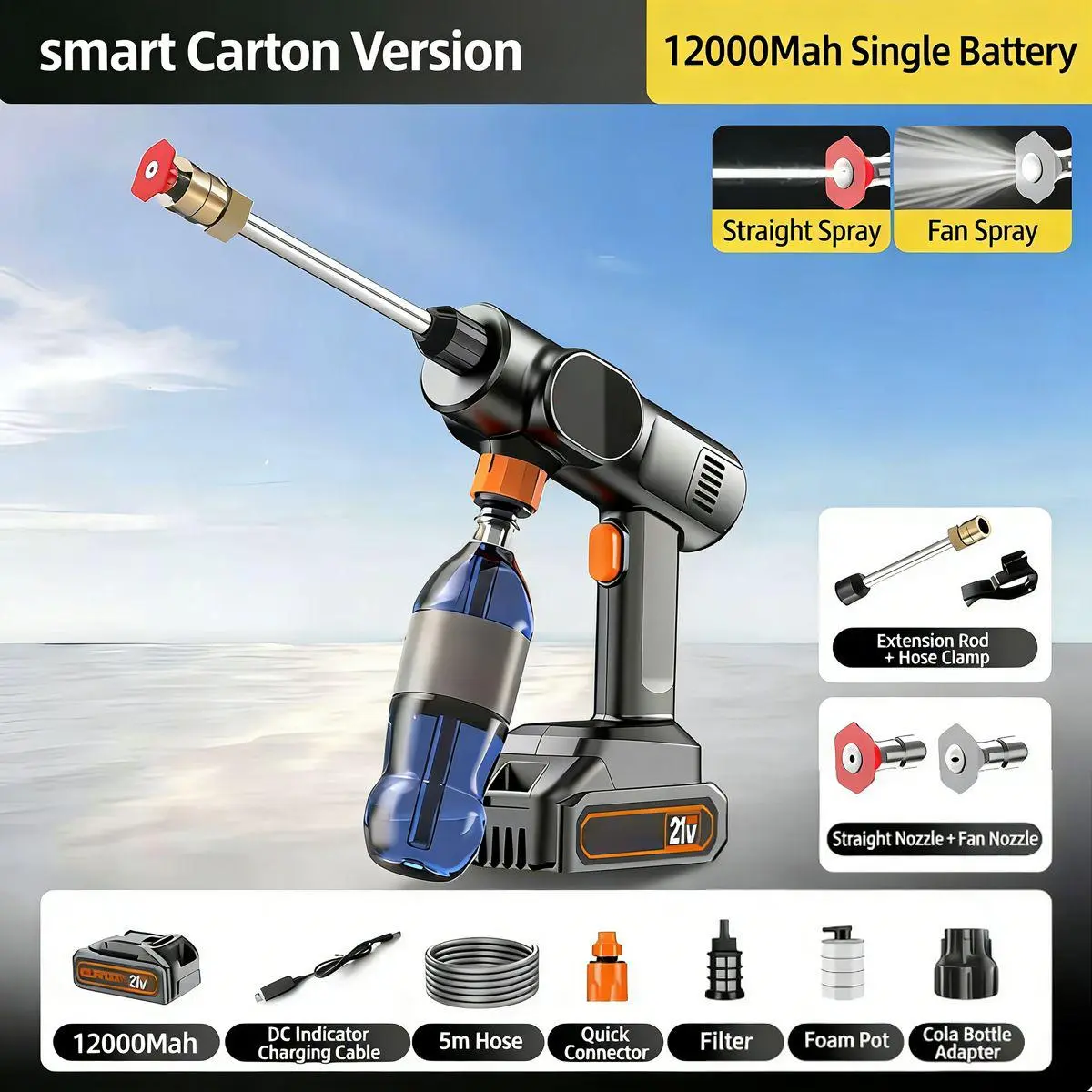【SummerWins】 Rechargeable Electric Car Wash Water Gun, 21V 12000mAh Portable Pressure Washer with Foam Pot for Automotive & Motorcycle Cleaning