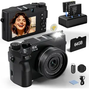 5K 75 MP Digital Camera for Photography with 18X Zoom, WiFi Autofocus Vlogging Camera with UHD Dual Lens, 64GB Card Point and Shoot Travel Cameras for Beginner and Teen 1 Charge for 2 ,