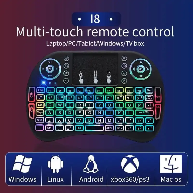 I8 Mini 2.4G Wireless Keyboard with Touchpad and 7 Color Backlit Keypad Plug and Play Android TV Ready for Smart TV Projector PS3 Made of ABS Material Ambidextrous Design