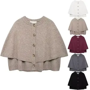 Knit Cape Cardigan for Women Oversized Knit Sweater Cropped Button Short Sleeve Shawl Sweater Poncho Fall Winter Layered Top