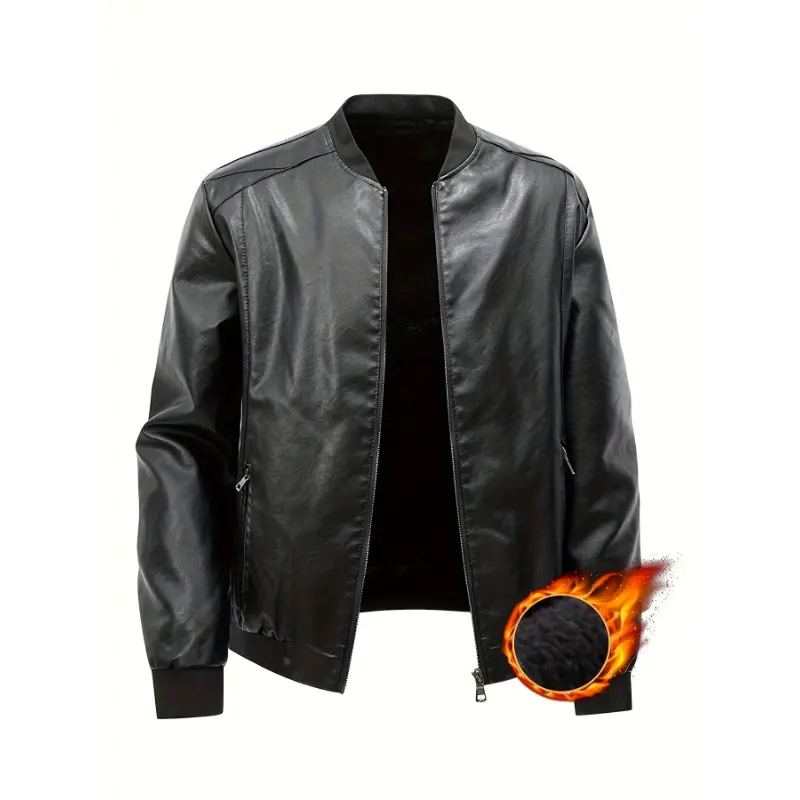 Men's Warm Fleece-Lined PU Leather Jacket - Casual Baseball Collar, Brown with Black Accents, Zip-Up for Fall/Winter, Cozy & Stylish Motorcycle Biker Jacket