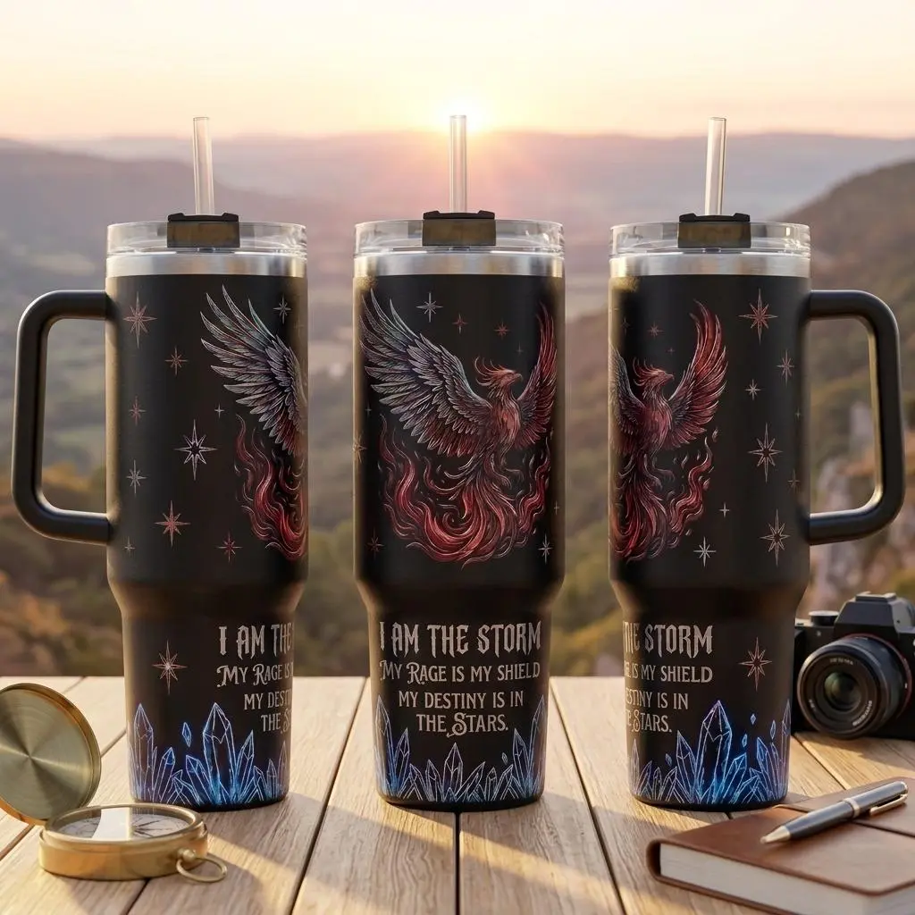 Phoenix Storm 40oz Tumbler With Handle & Straw, Firebird Fantasy Travel Mug, Celestial Crystal Insulated Cup, I Am the Storm Quote Tumbler, Dark Fantasy Romance Bookish Drinkware, Gothic Reader Gift for Women, Fantasy Book Lover Gift for Her