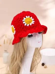 Women's Cute Sunflower Pattern Crochet Bucket Hat, Casual Trendy Sunflower Decorated Hat for Outing and Play, Fashion Accessories for Women & Girls