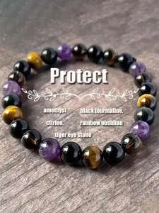 Natural Tiger Eye and Amethyst Beaded Bracelet, Unisex Elastic Healing Crystal Bracelet, Energy Balance, Pure Gemstone Gift
