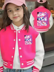 Kpop Girl Short Baseball Jacket Coat, Casual Sport School Uniform, Y2K Portrait Design, Elastic Fabric, Girls Fall Winter Outerwear, Collared Jacket