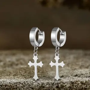 GTHIC Silver Simple Cross Design Stainless Steel Earrings Minimalist Jewelry for Men Women Daily Wear