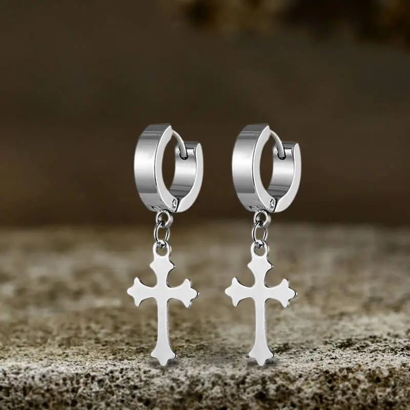 Unisex Stainless Steel Big Cross Hinged Hoop Earrings – Dangle Hanging Style, No Stone