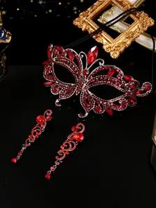 Halloween Costume Accessories Set, Alloy Rhinestone Mask & Earrings, Perfect for Makeup Parties, 3 Piece Kit for Dress-Up Events