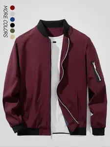 Men's Solid Zip Up Pocket Bomber Jacket, Regular Fit Casual Long Sleeve Baseball Collar Outerwear for Spring & Fall, Fashion Men's Clothes for Daily Wear